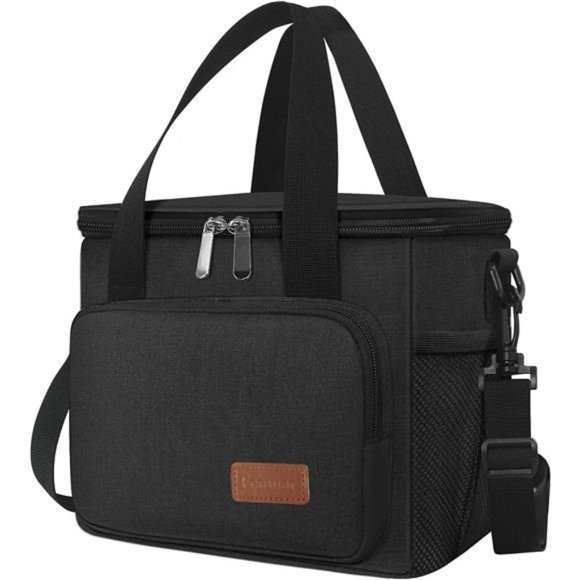 Men' Insulated Lunch Bag Leakproof Lunch Box w/Adjustable Shoulder Strap - Black